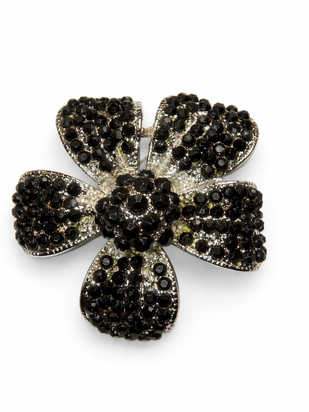 Black Vintage Rhinestone Floral Brooch Silver Tone Statement‎ Pin 2"